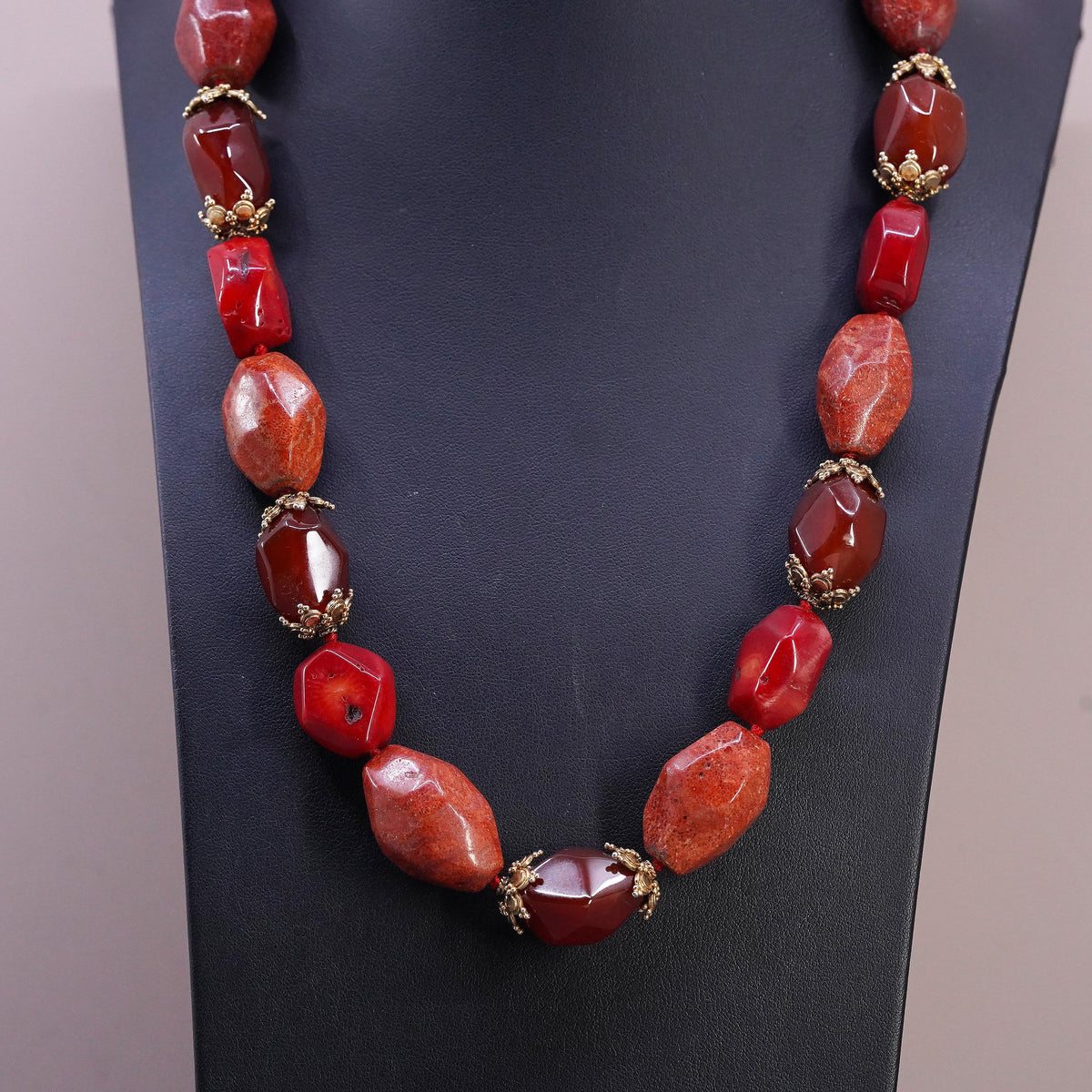 20+1", LUC Vermeil Gold Sterling 925 Silver necklace coral carnelian nuggets