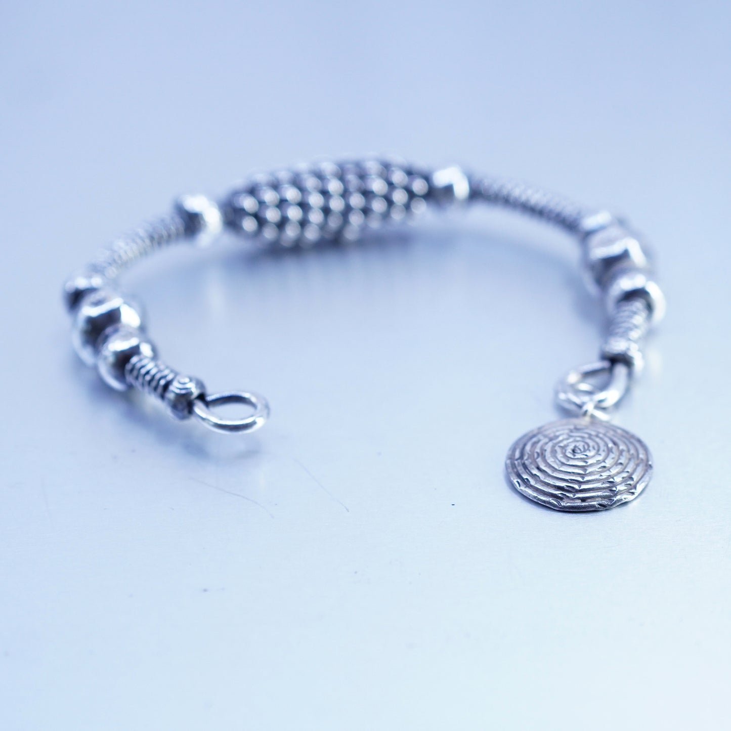 7.5”, Sterling 925 silver handmade bracelet, twisted cable cuff sprial charm