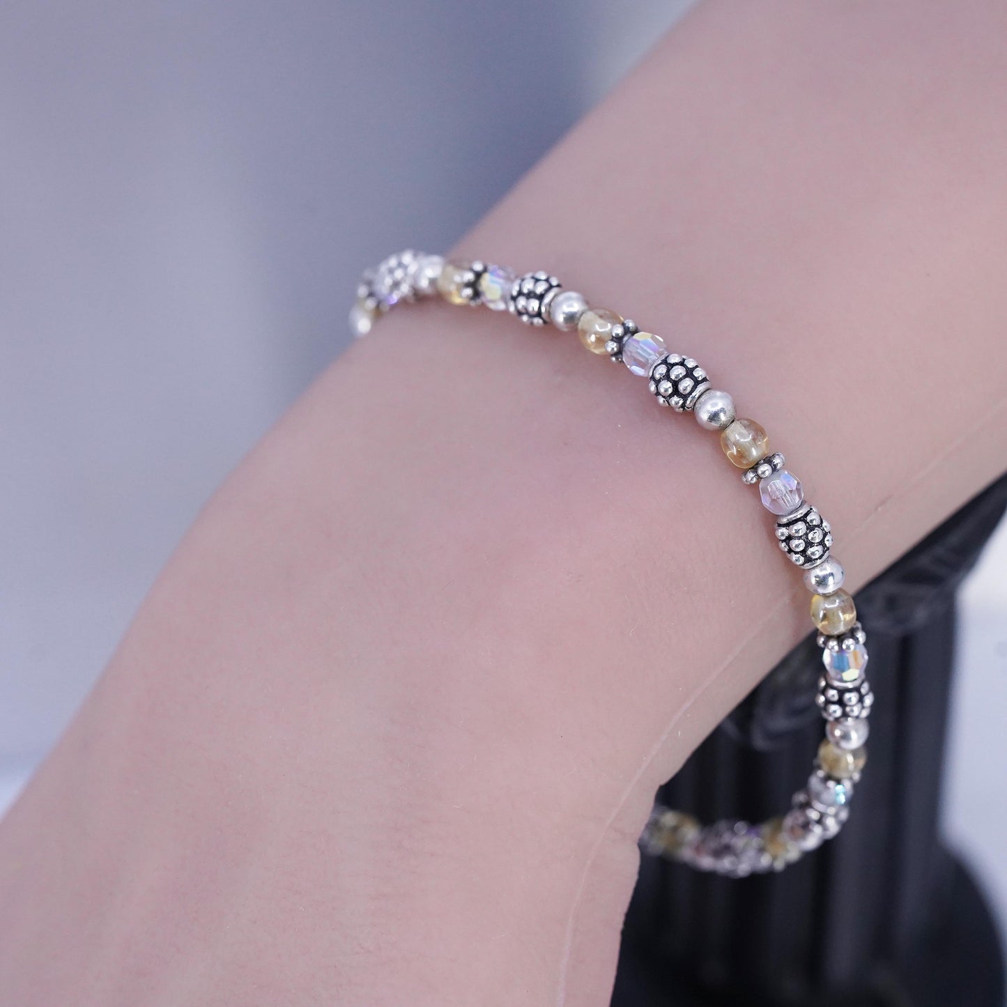 7.5", Vintae Sterling 925 Silver Handmade Bracelet, Crystal beads
