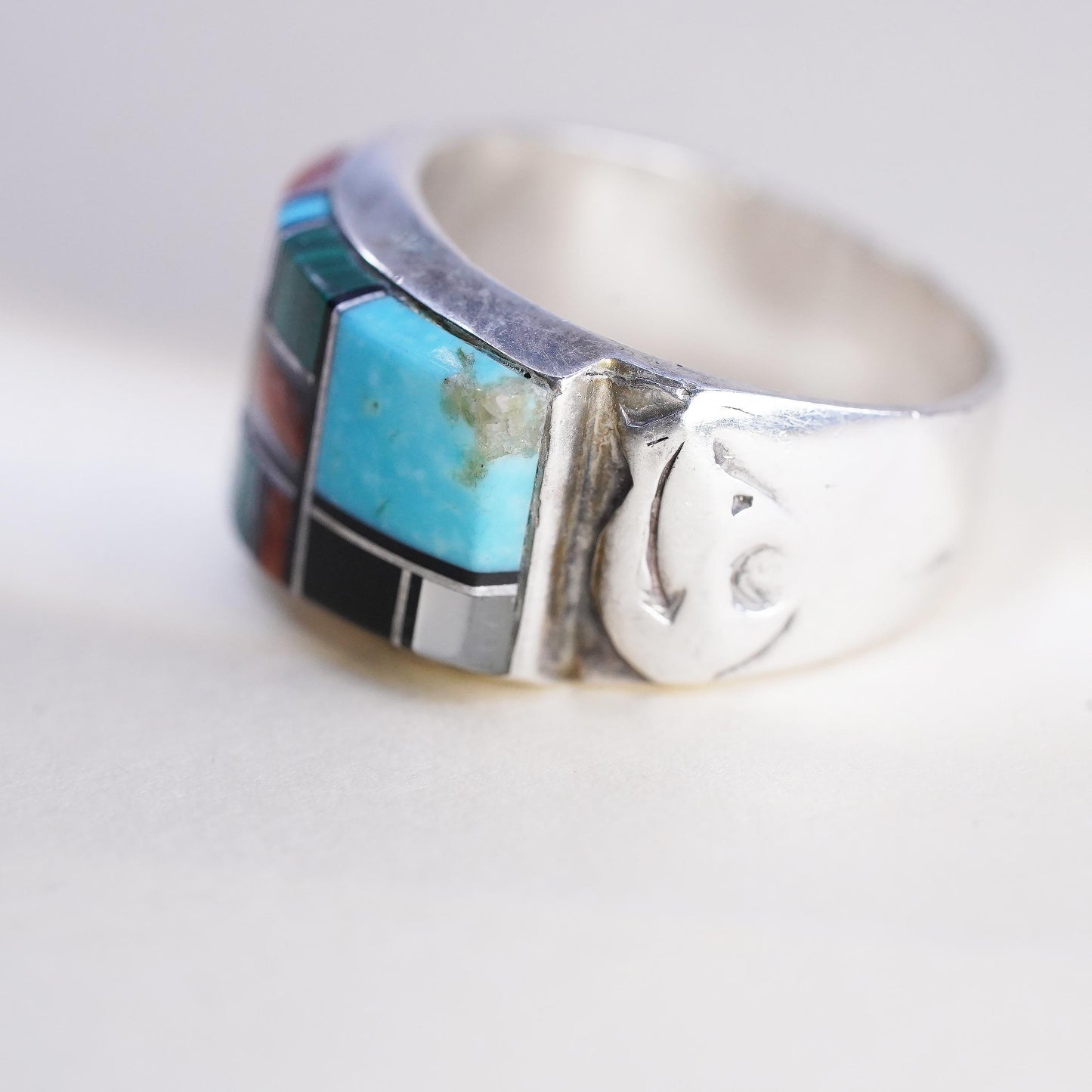 Size 8.25, Native American QT Sterling Silver Ring, Turquoise Coral Mosaic Band