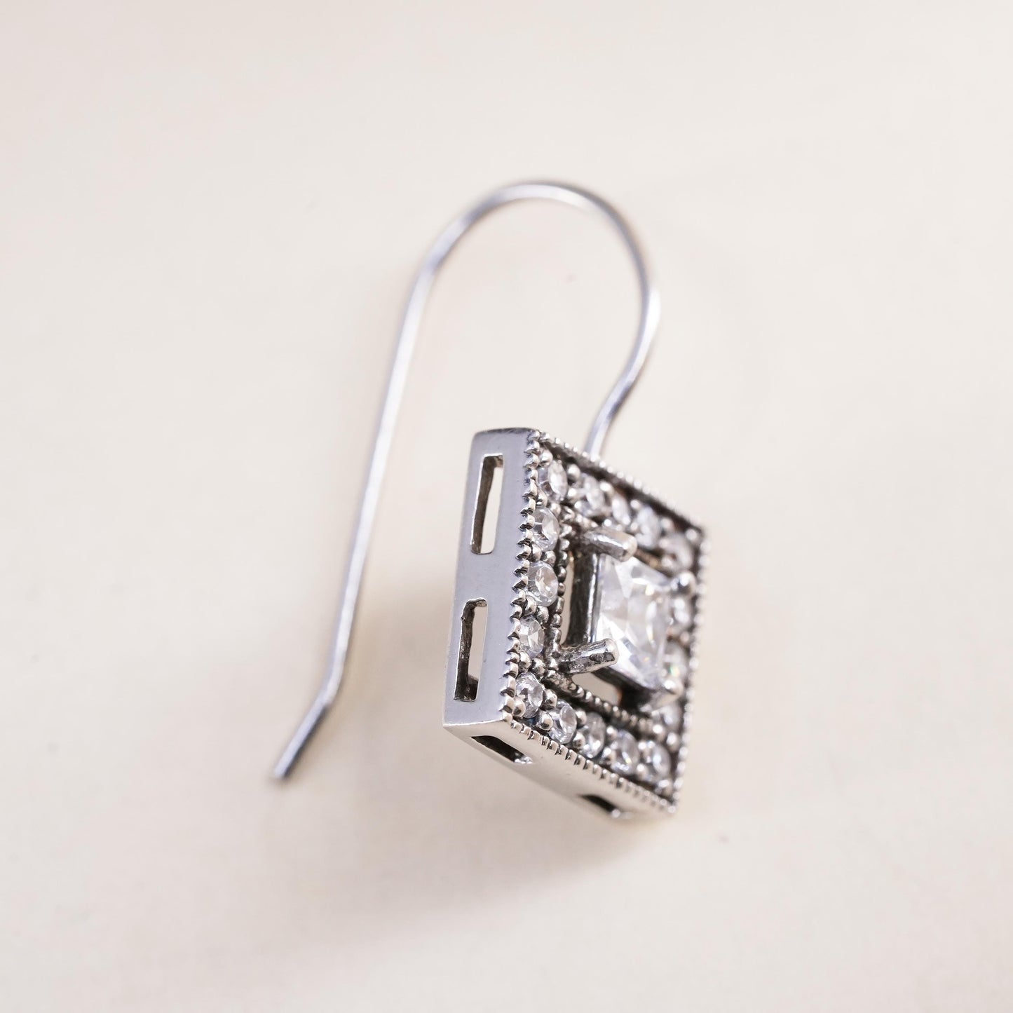 Vintage sterling silver single earring, 925 silver square dangle with clear Cz