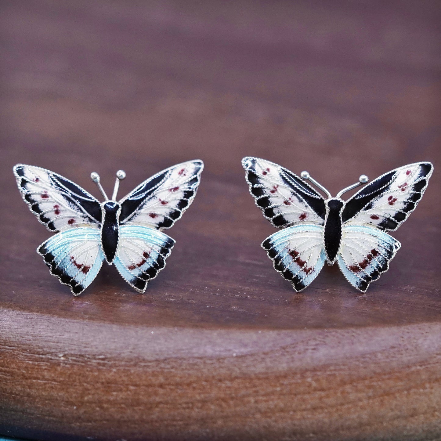 Vintage Sterling silver handmade earrings, 925 enamel butterfly studs