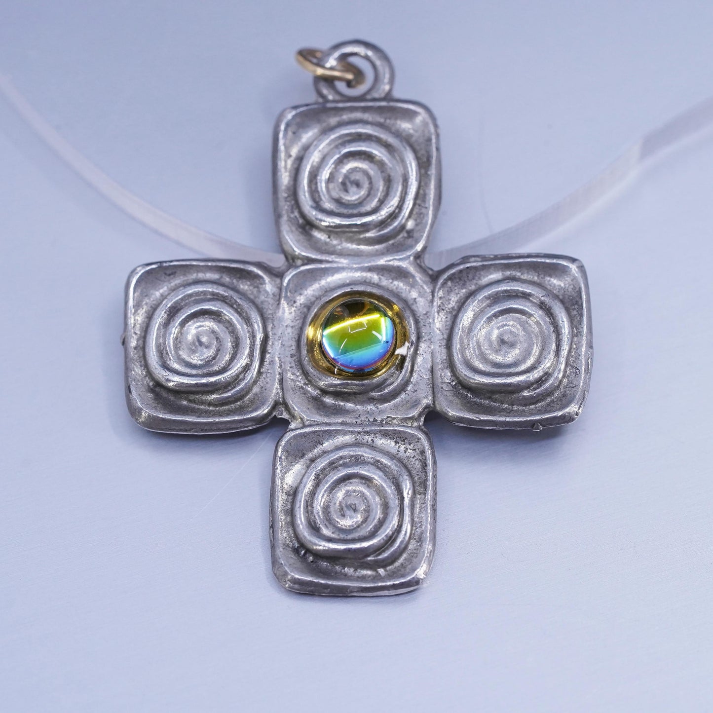 Vintage sterling 925 silver handmade cross pendant with glass bead