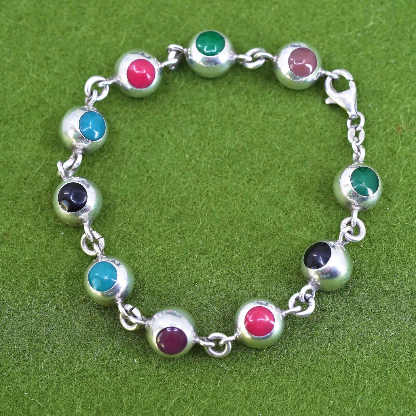 6.75", Vintage Sterling 925 silver handmade beads bracelet with rainbow enamel