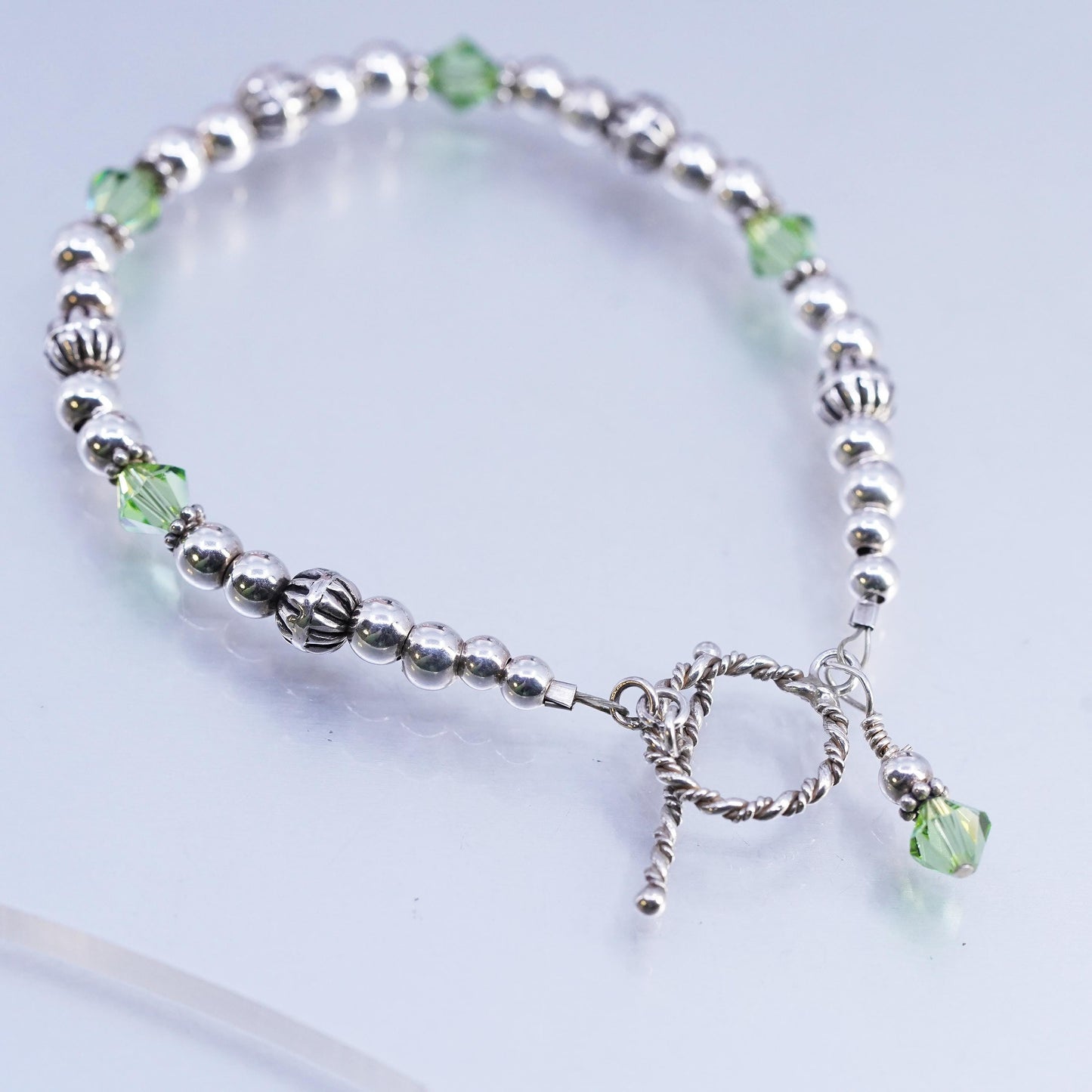 7", vintage Sterling 925 silver bracelet w/ green crystal beads toggle closure