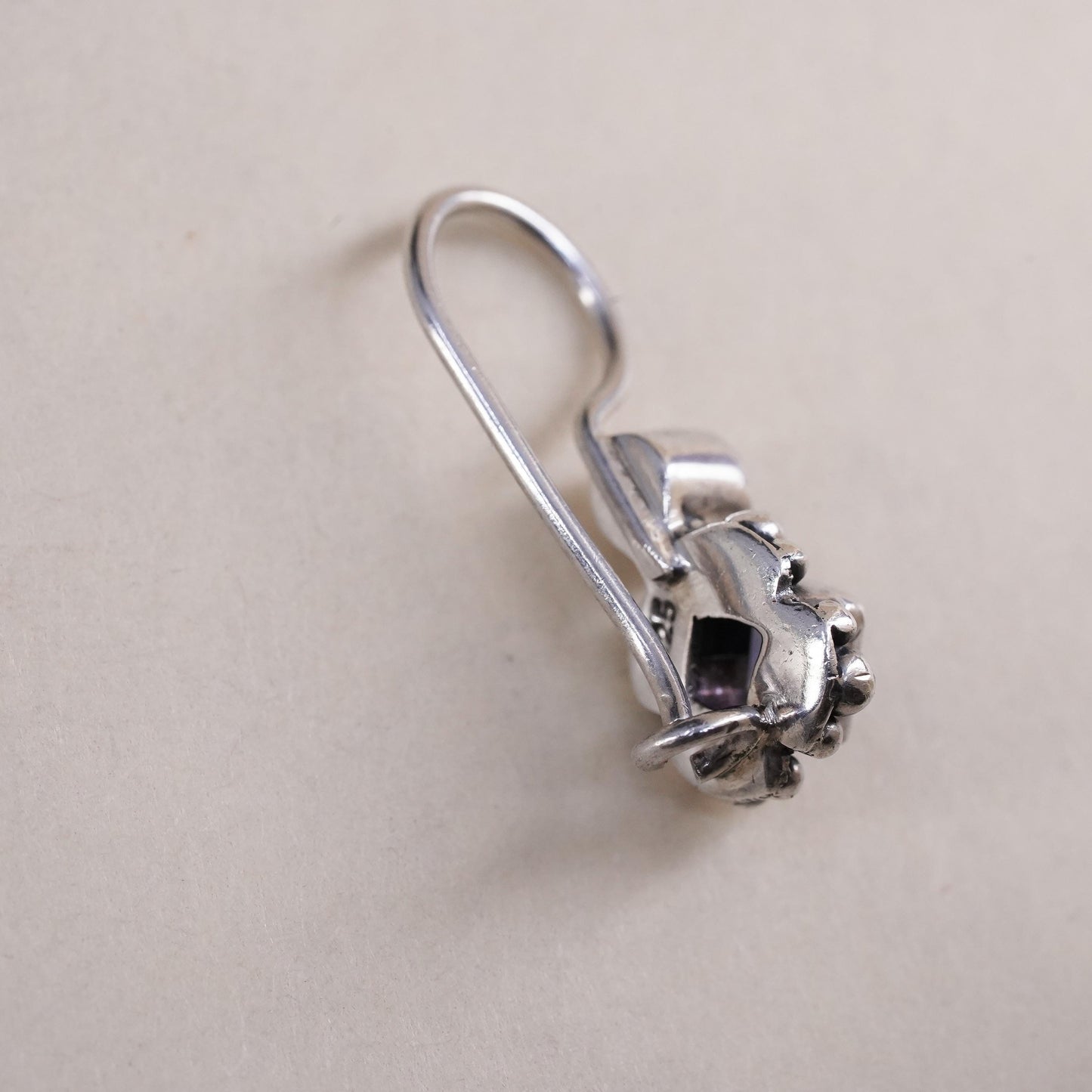 Vintage sterling 925 silver handmade single 1 earring with amethyst and pearl