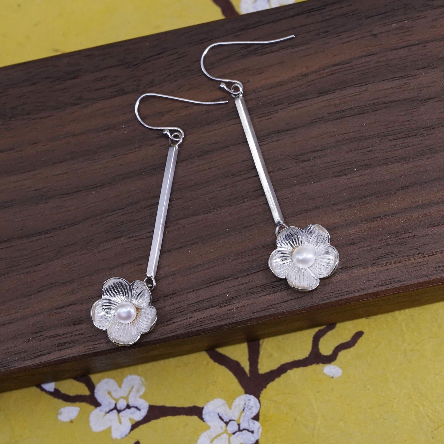 Vintage Sterling silver handmade earrings, 925 flower dangles with pearl