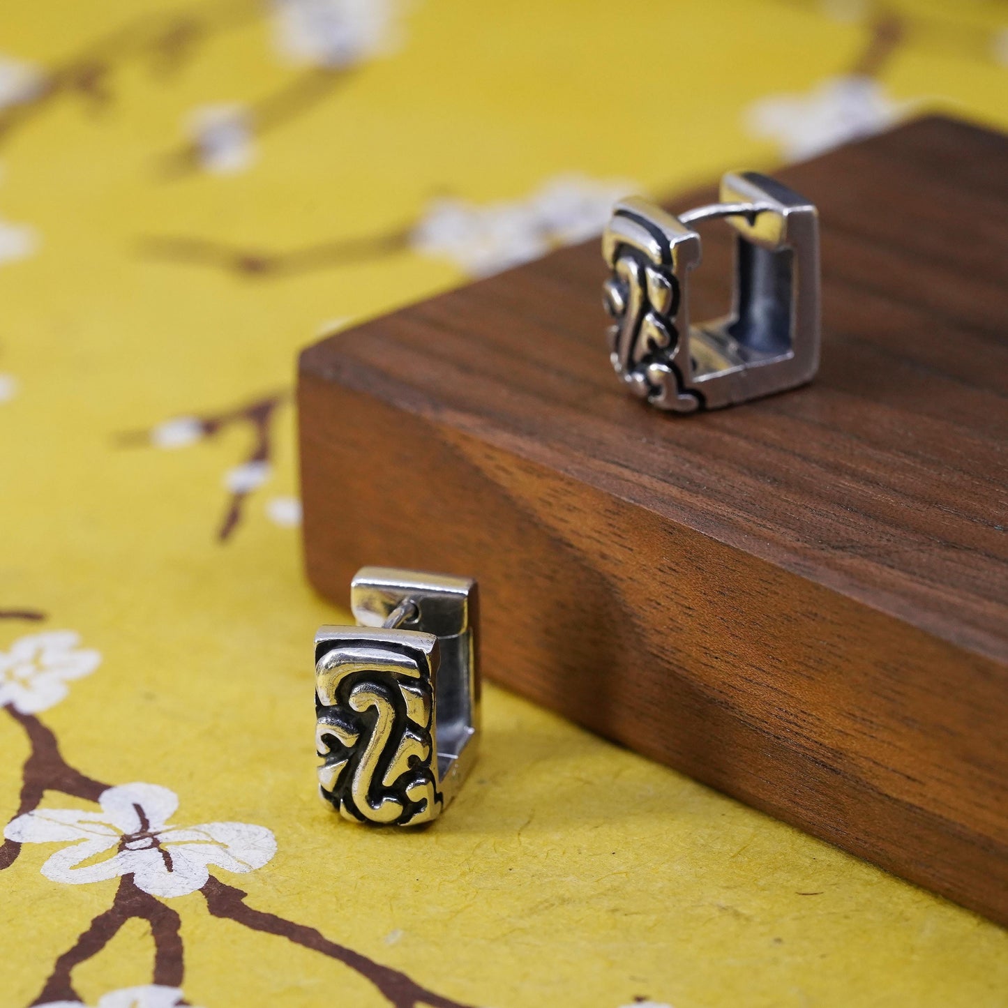 0.5", Zina Sterling silver textured hoop earrings, 925 square huggie studs