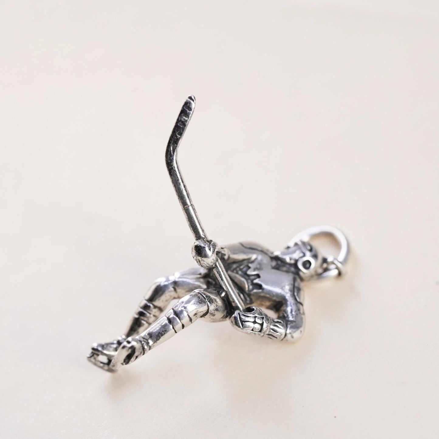 Sterling 925 Silver Hockey Player Charm Pendant, 3D Ice Hockey Skater w/ Stick
