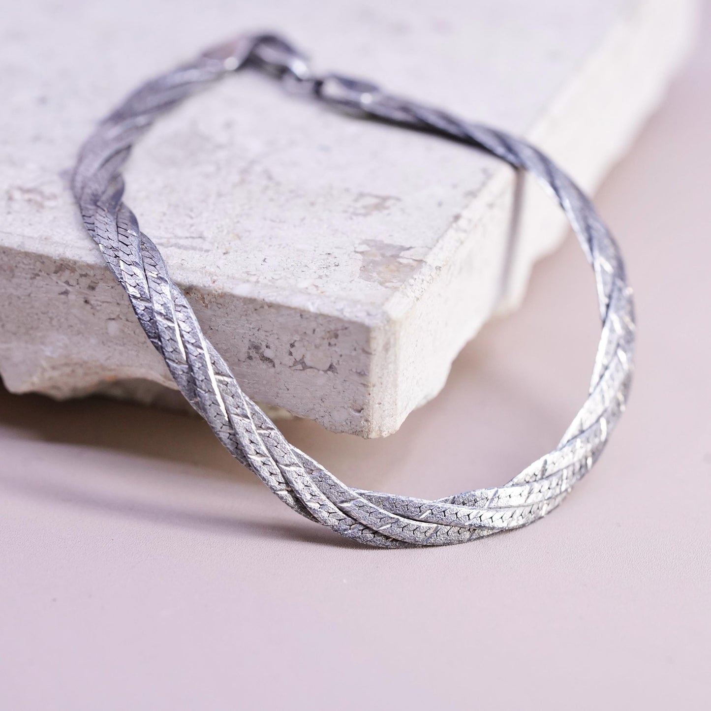 7", 6mm, vintage Sterling silver bracelet, 925 woven flatten herringbone chain