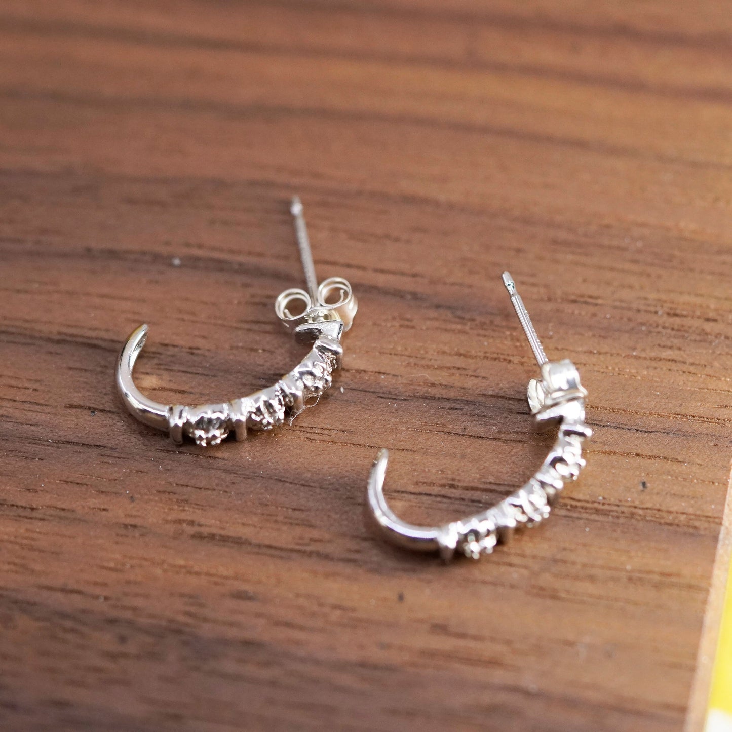 0.5”, Vintage Sterling 925 silver huggie studs earrings with diamond