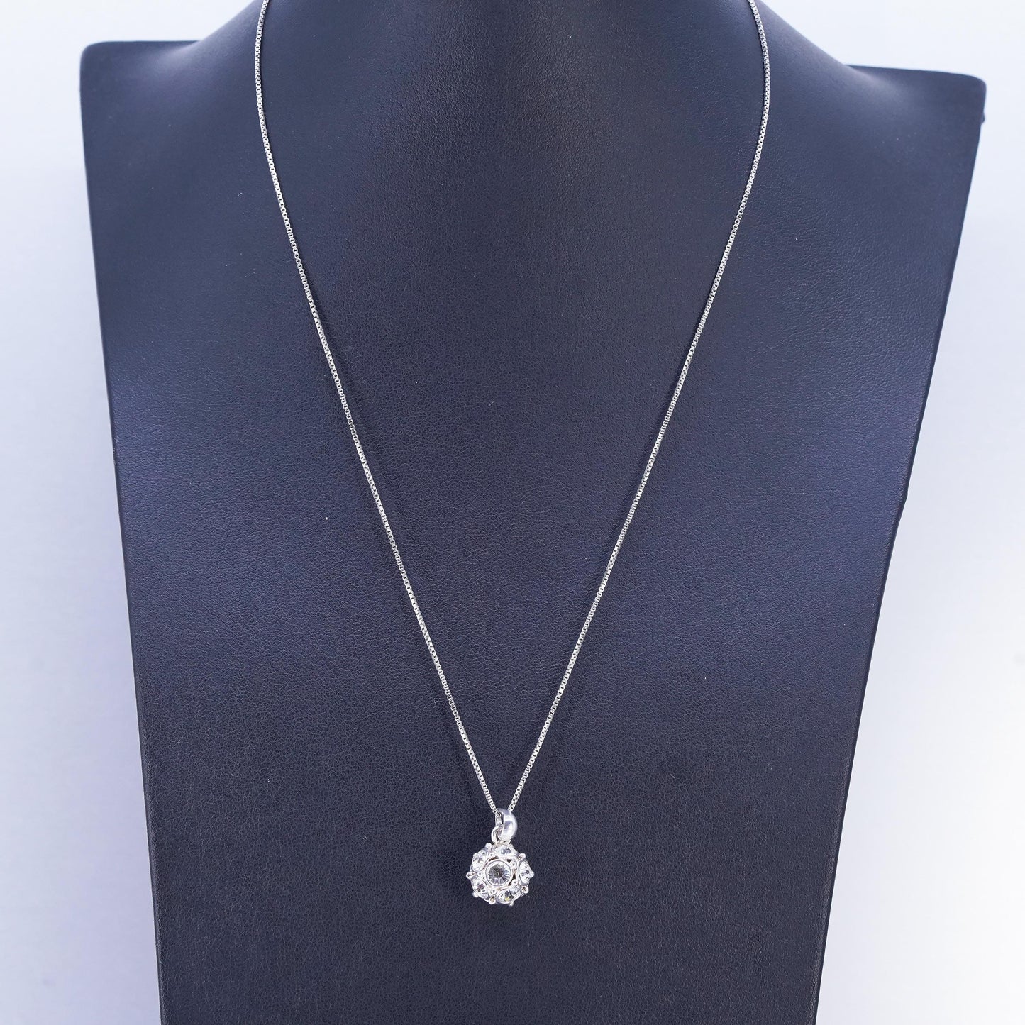 18", vintage Sterling 925 silver box chain necklace cluster cz bead pendant