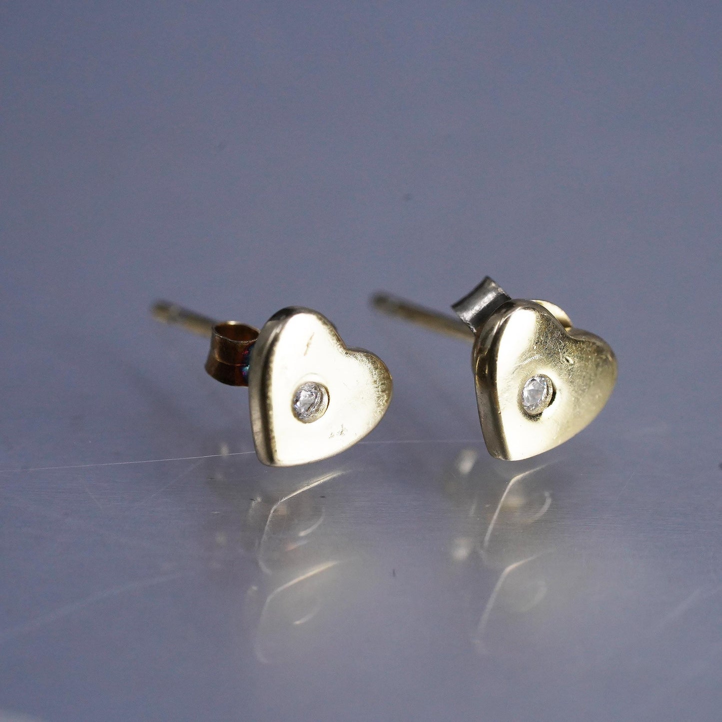 Vintage yellow gold plated Sterling 925 silver heart earrings, studs with cz