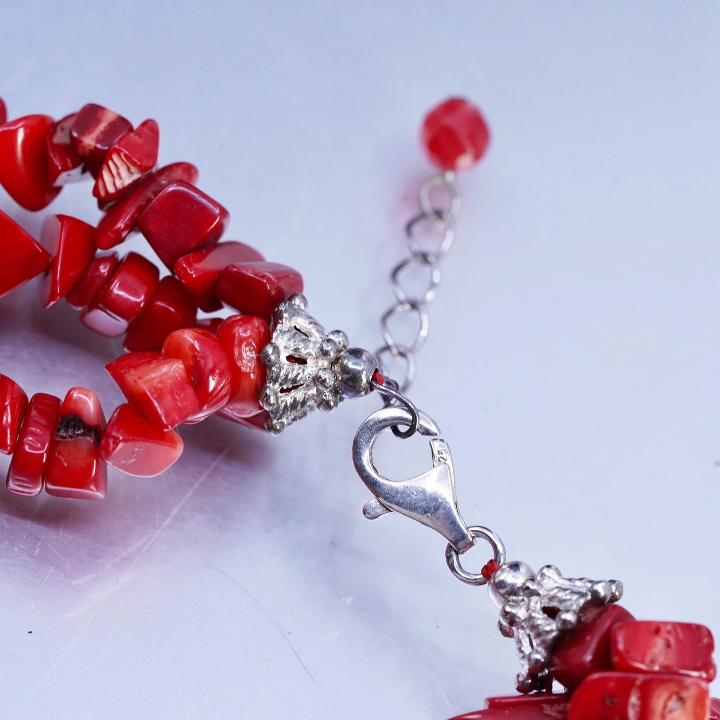 16+1", Native American multi strands necklace, Coral beads sterling 925 silver
