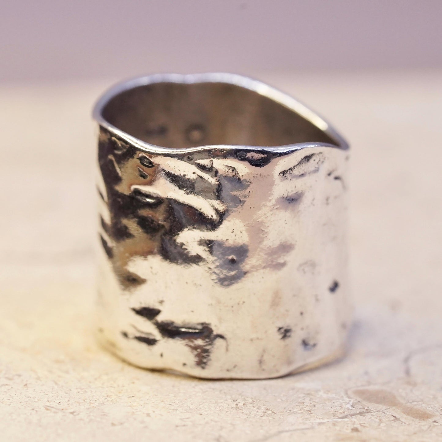 Size 6, vintage Sterling silver handmade ring, modern hammered 925 wide band