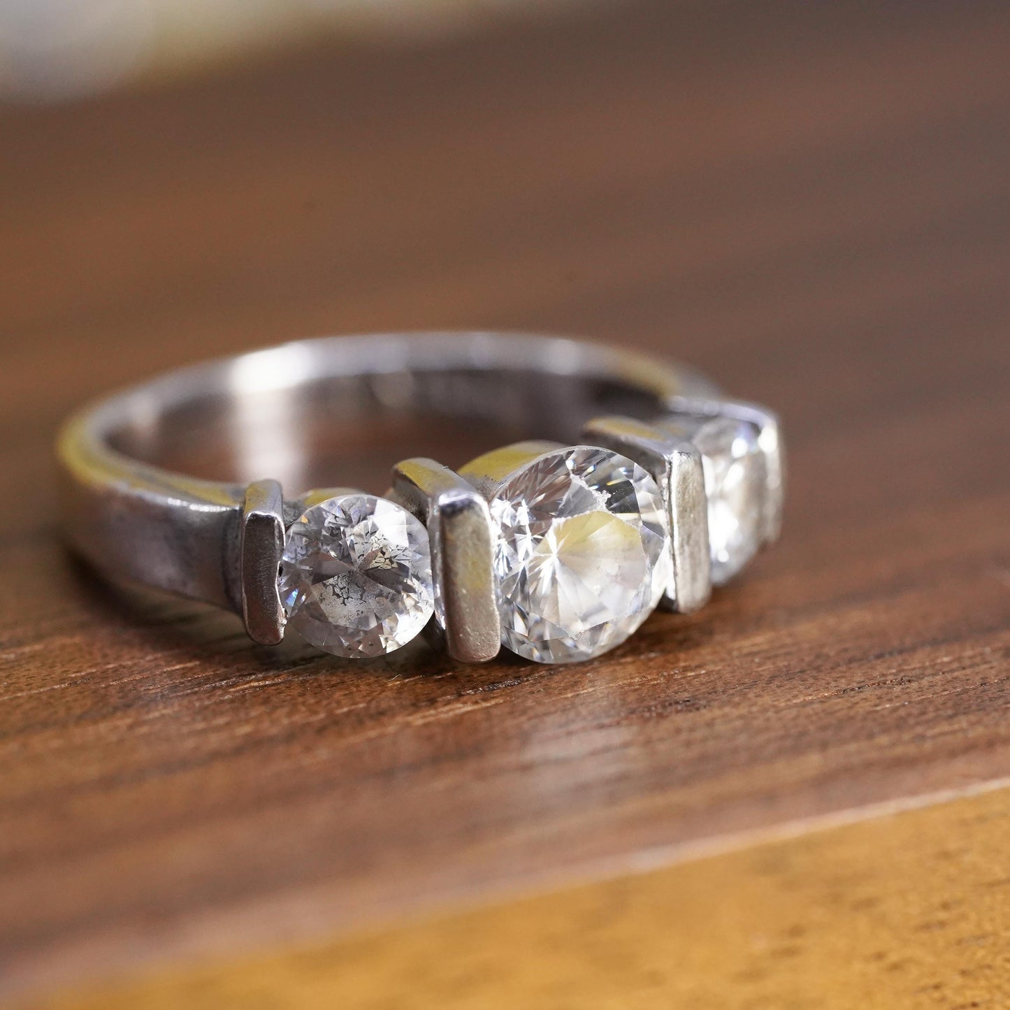Size 7.5, vintage Sterling 925 silver anniversary ring with clear cz