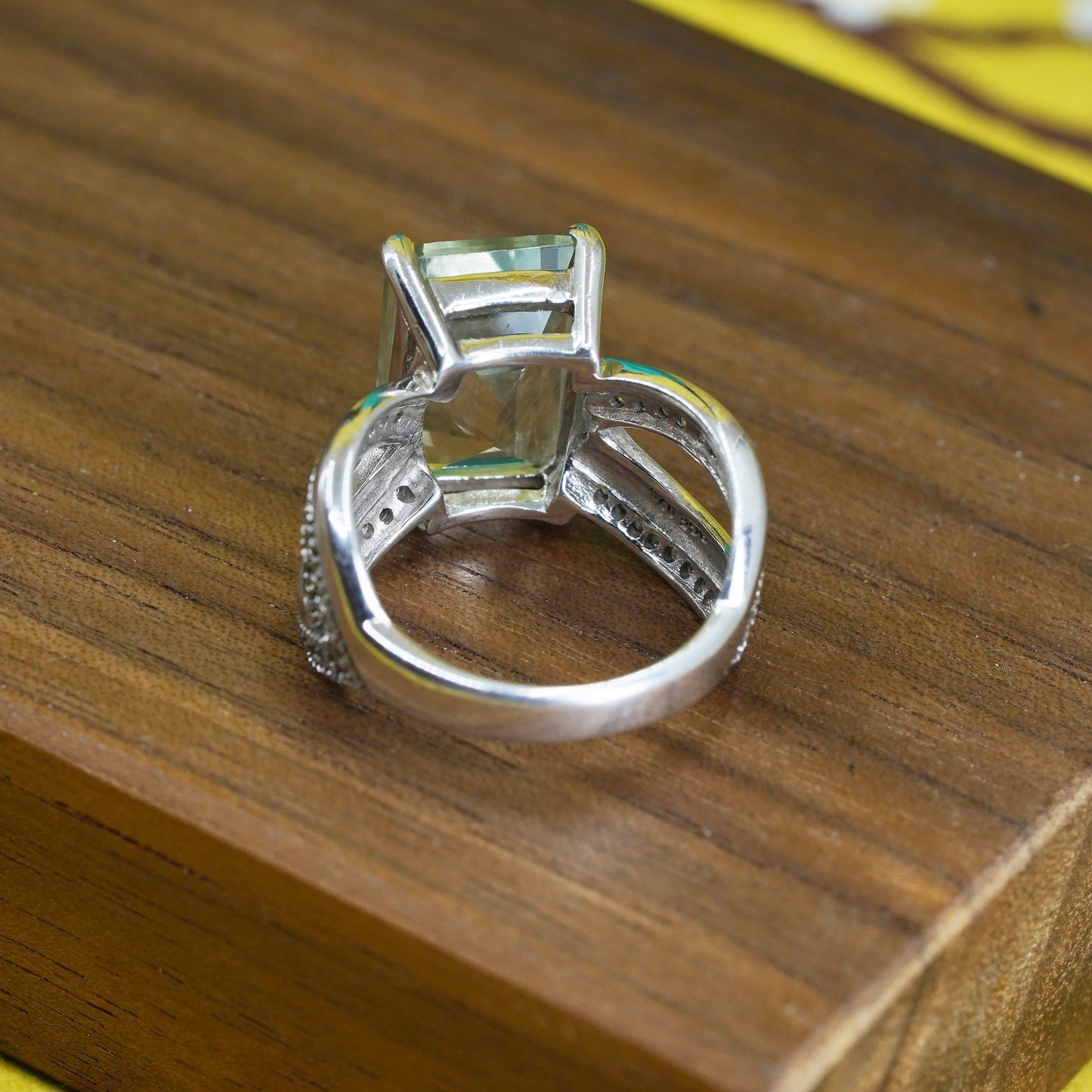 Size 7.25, vintage Sterling 925 silver ring with emerald cut blue crystal and diamond