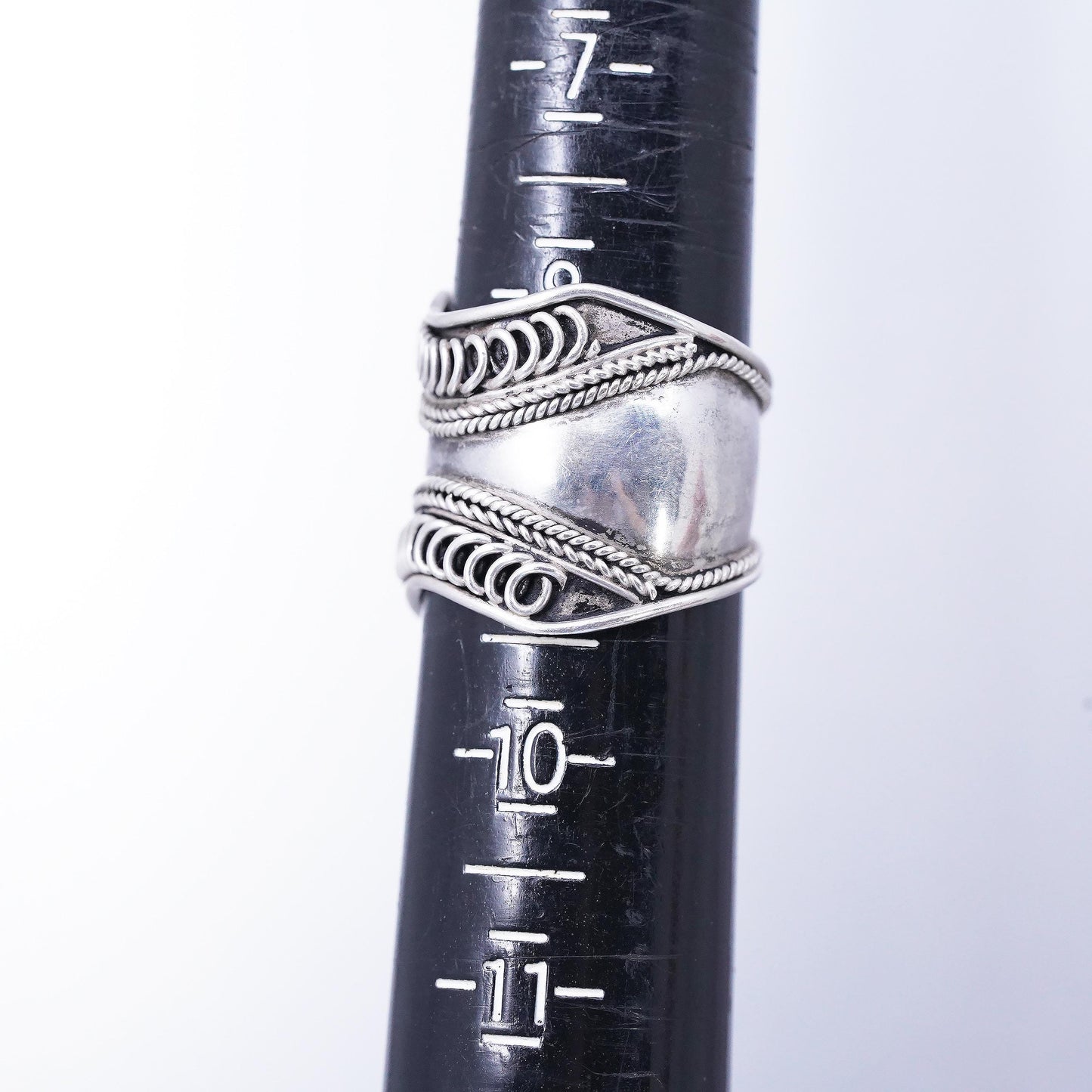 Size 9, Sterling Silver Wide Cigar Band Ring, Boho Ring, Openwork Rope 925 Band