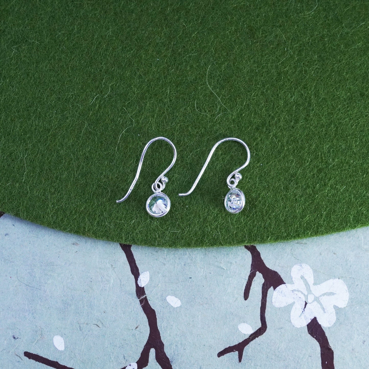 Vintage sterling silver handmade earrings, 925 silver with round CZ