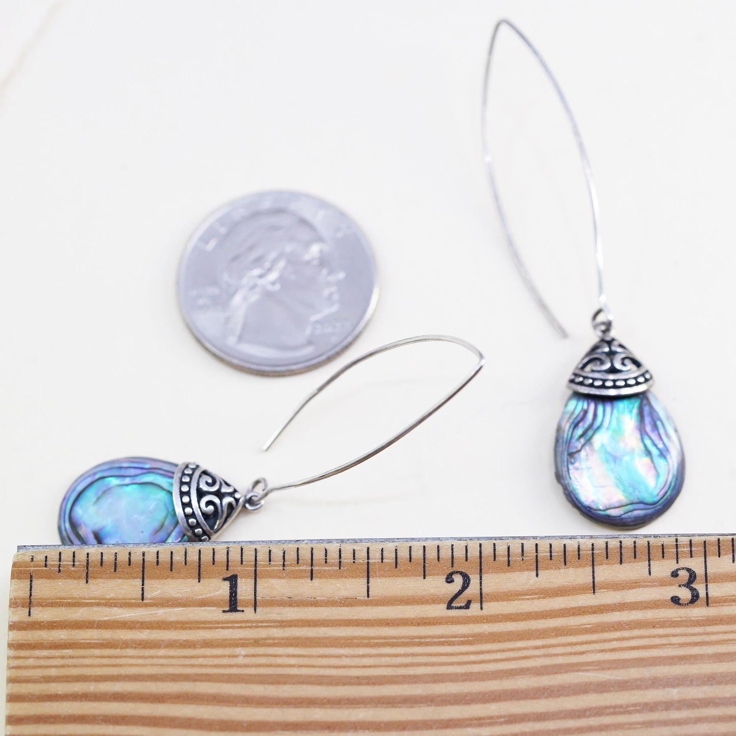 Vintage Thailand FD sterling 925 silver handmade teardrop earrings with abalone