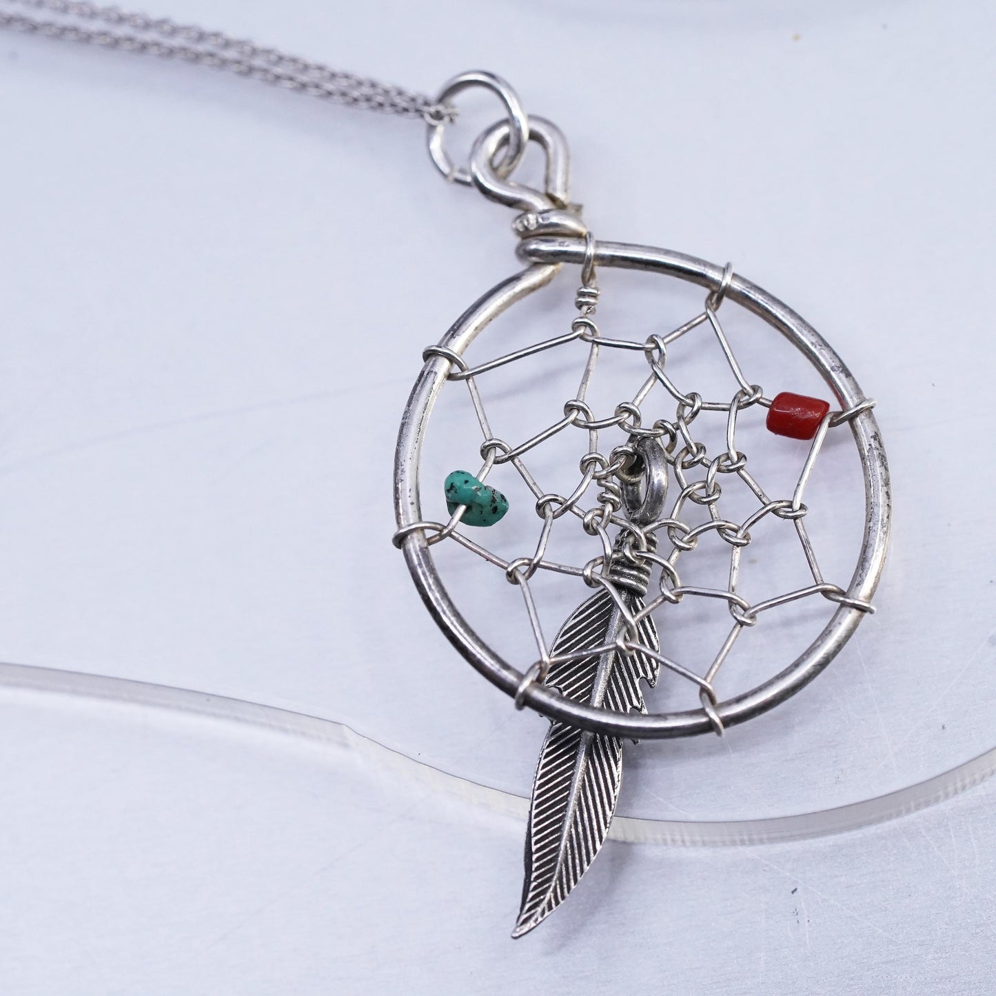 18", Native American Sterling 925 Sterling silver necklace feather pendant