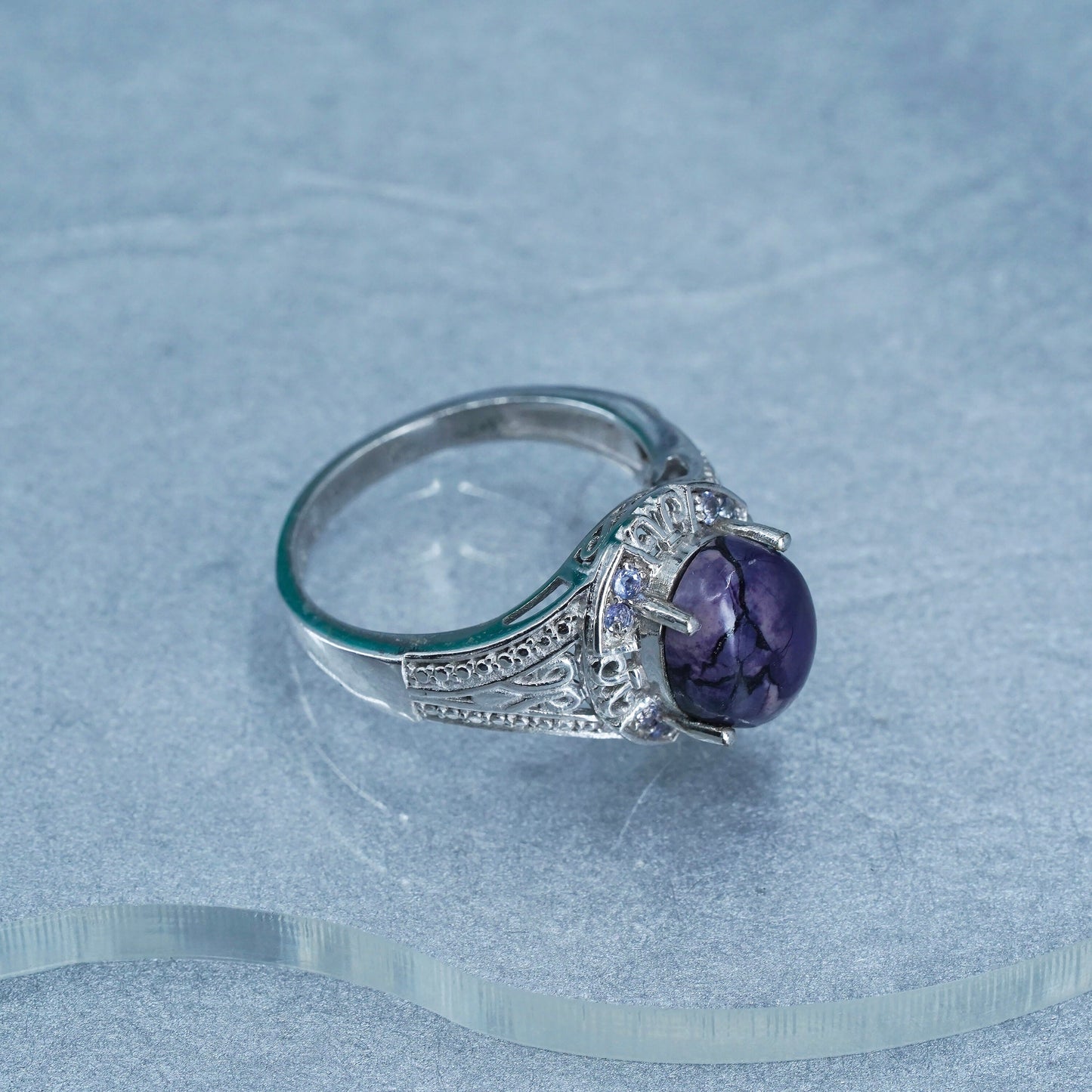 Size 10, Sterling 925 silver handmade ring with opalizted fluorite and amethyst