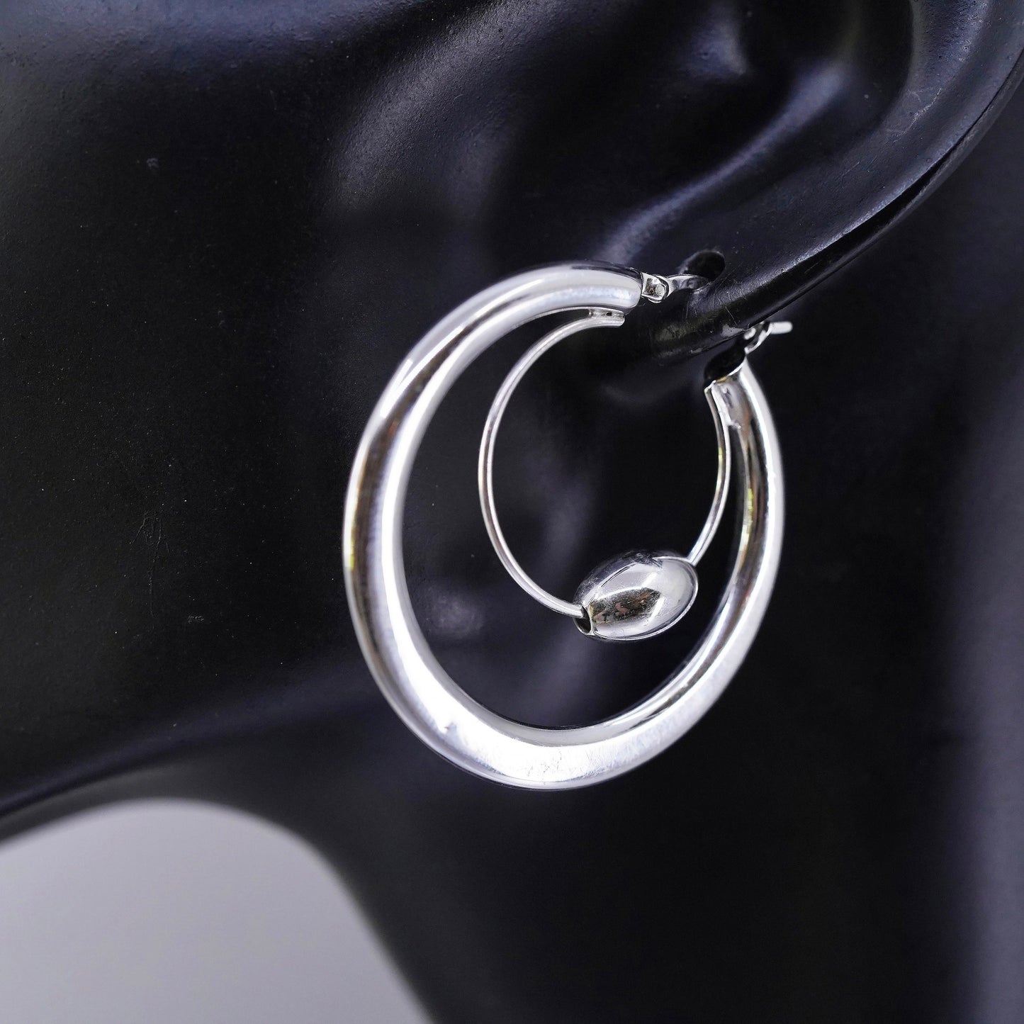 1.75”, vintage Sterling silver handmade earrings, huge 925 bold hoops w/ beads