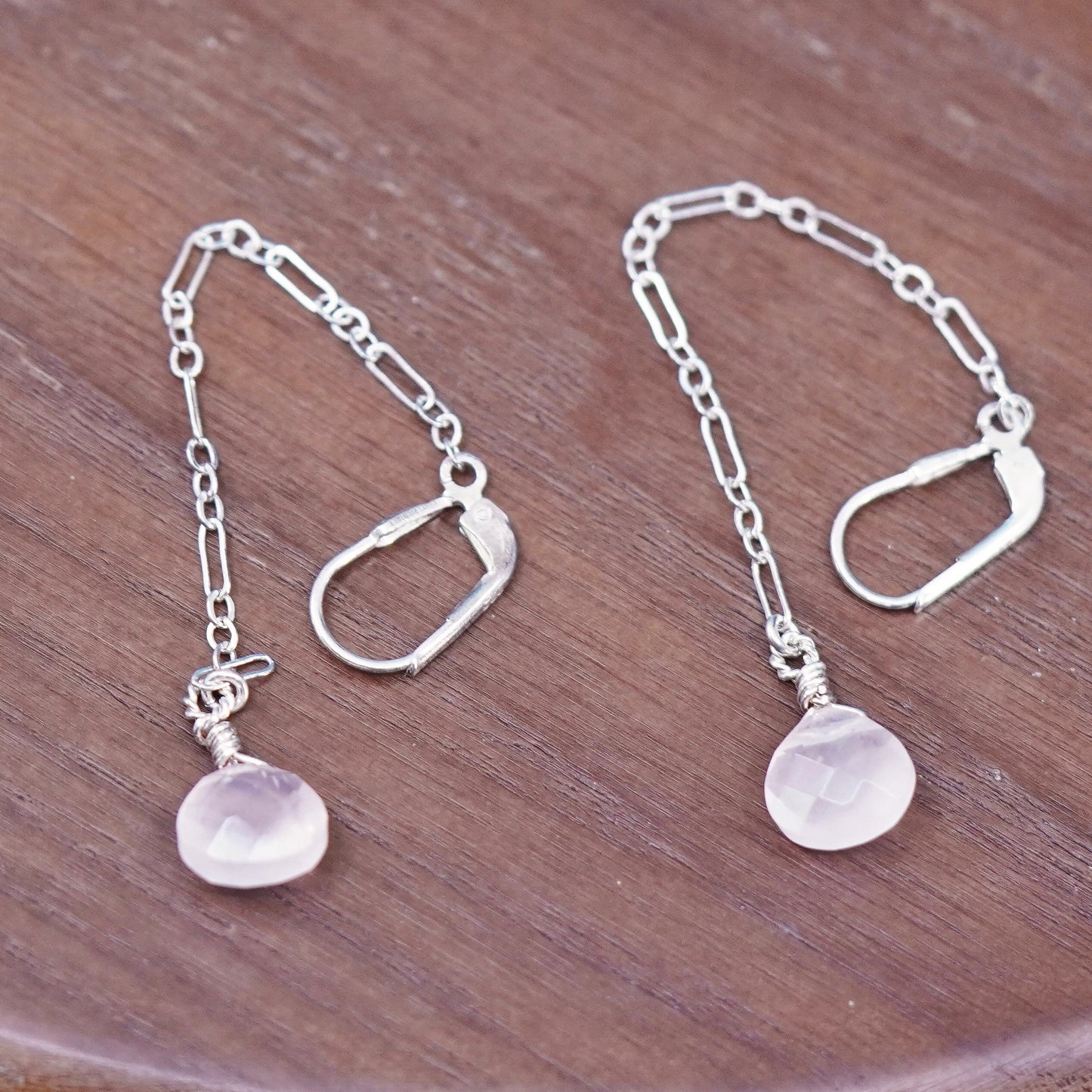 sterling silver handmade earrings, 925 chain drop w/ teardrop pink rose quartz