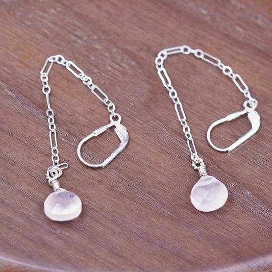 sterling silver handmade earrings, 925 chain drop w/ teardrop pink rose quartz