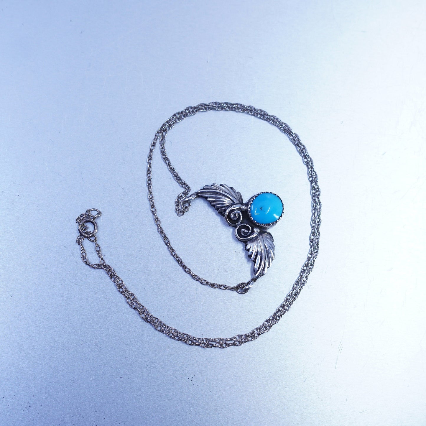 19”, native American Sterling 925 silver necklace turquoise feathery pendant