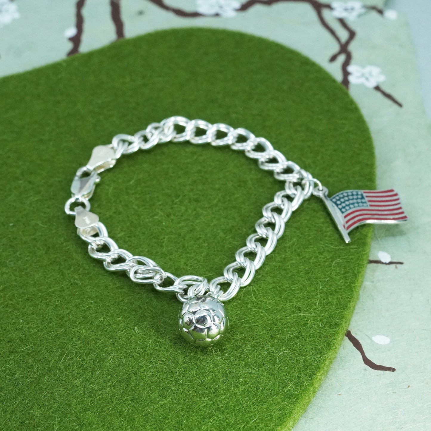 6.5”, sterling silver bracelet, 925 curb chain Soccer American flag charms