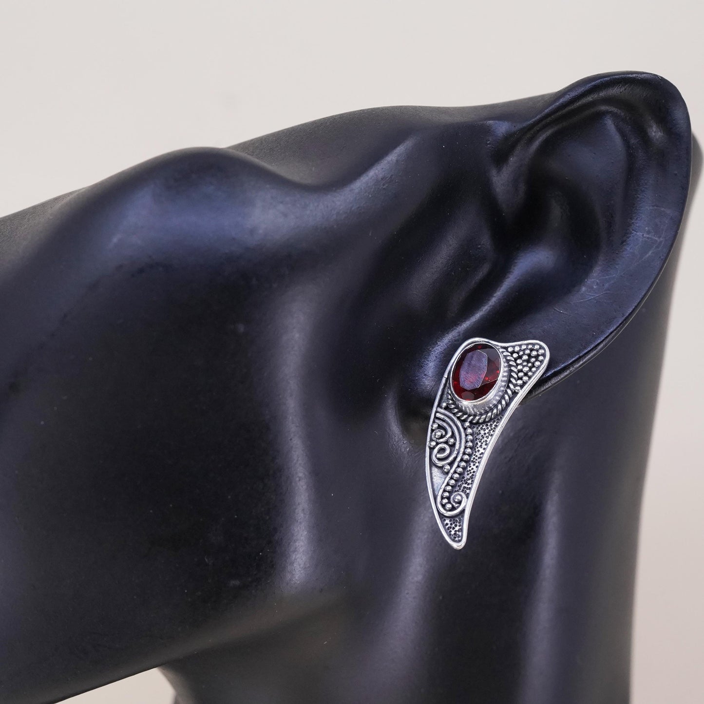 Vintage BA Suarti sterling silver handmade single earring, 925 heart studs ruby