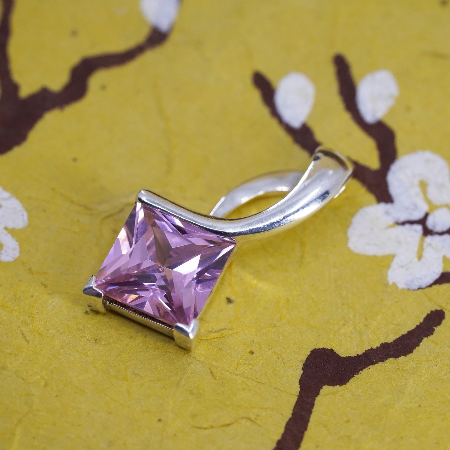 Vintage Sterling 925 silver handmade square pendant with pink crystal