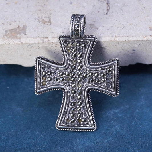 Vintage Sterling 925 Silver double side Cross Pendant marcasite mother of pearl