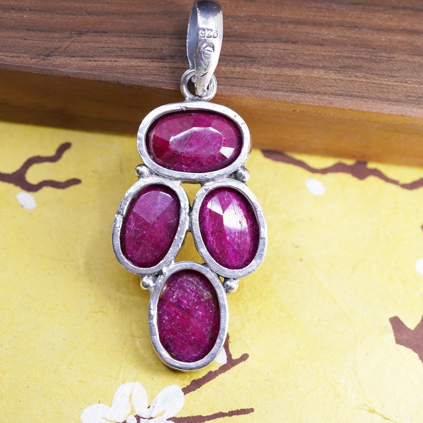 Vintage Sterling 925 silver handmade pendant with oval red Indian ruby stone