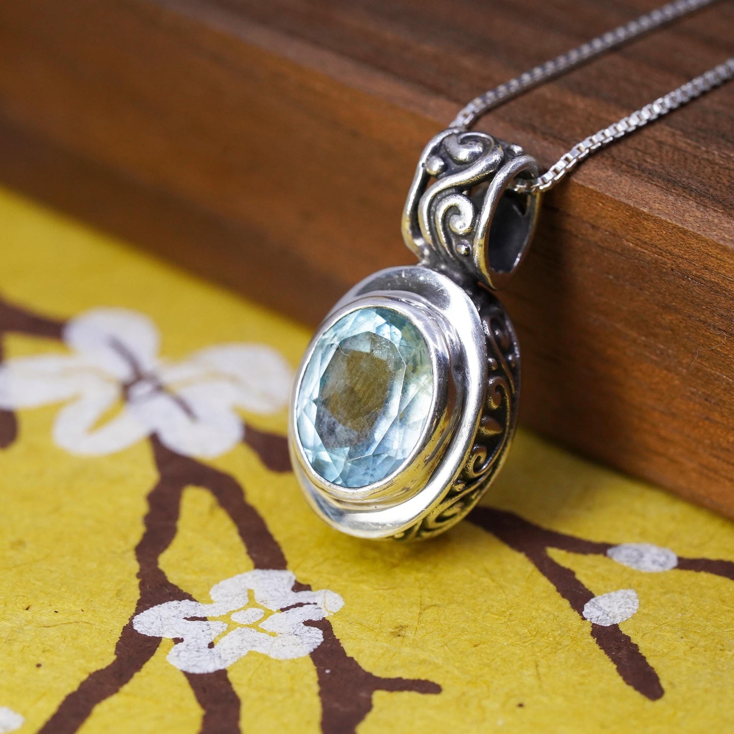 16”, Vintage Sterling silver necklace, 925 box chain oval blue topaz pendant