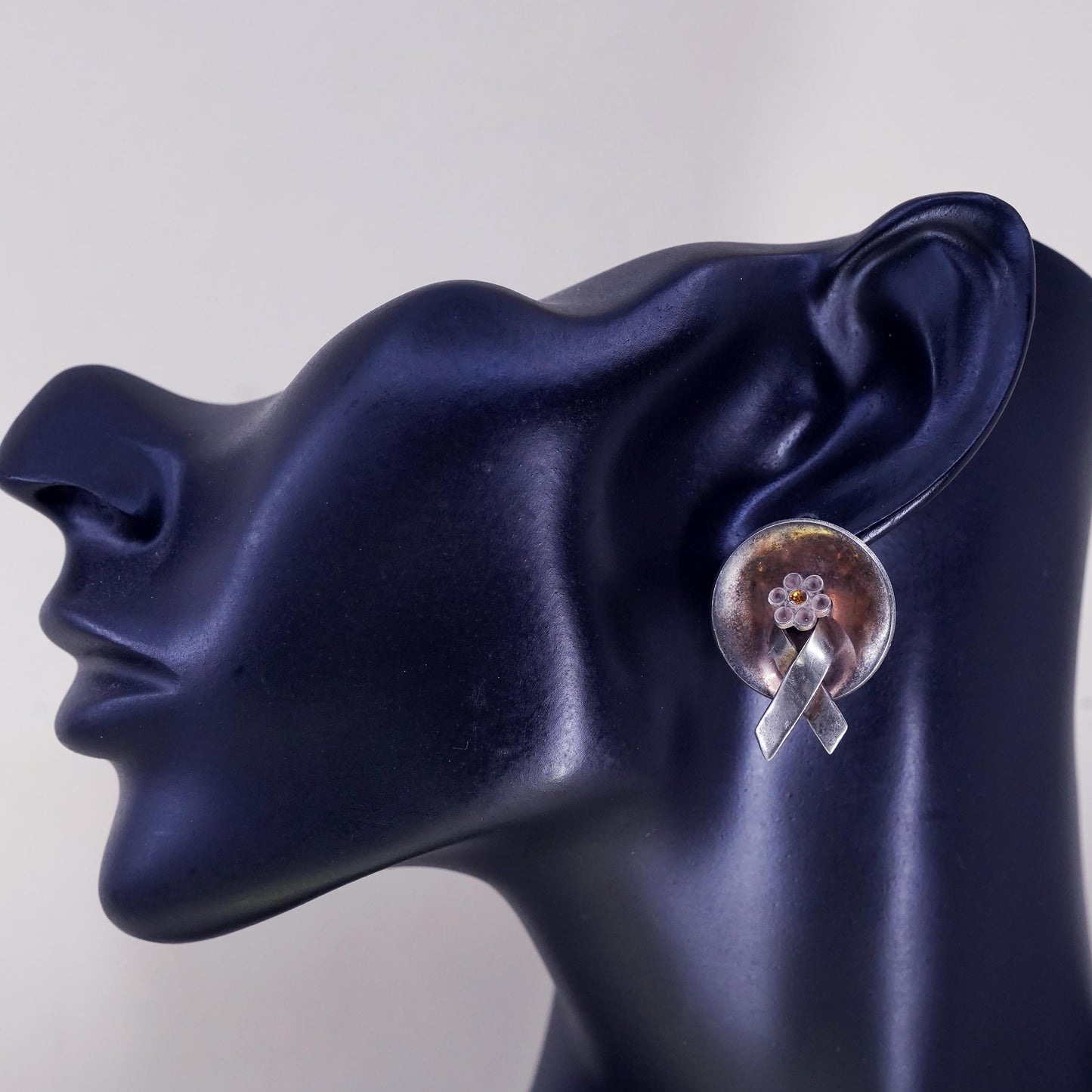 Vintage Sterling silver earrings, 925 screw back breast cancer cure ribbon