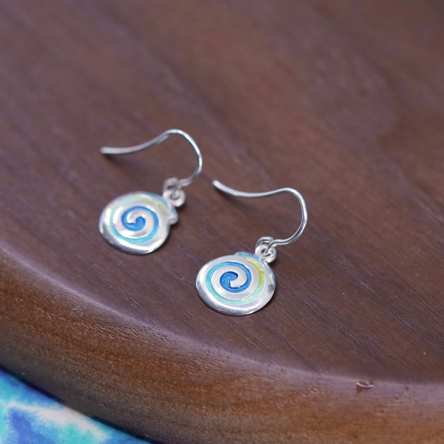 Vintage Sterling 925 silver handmade tag earrings with swirly dangle