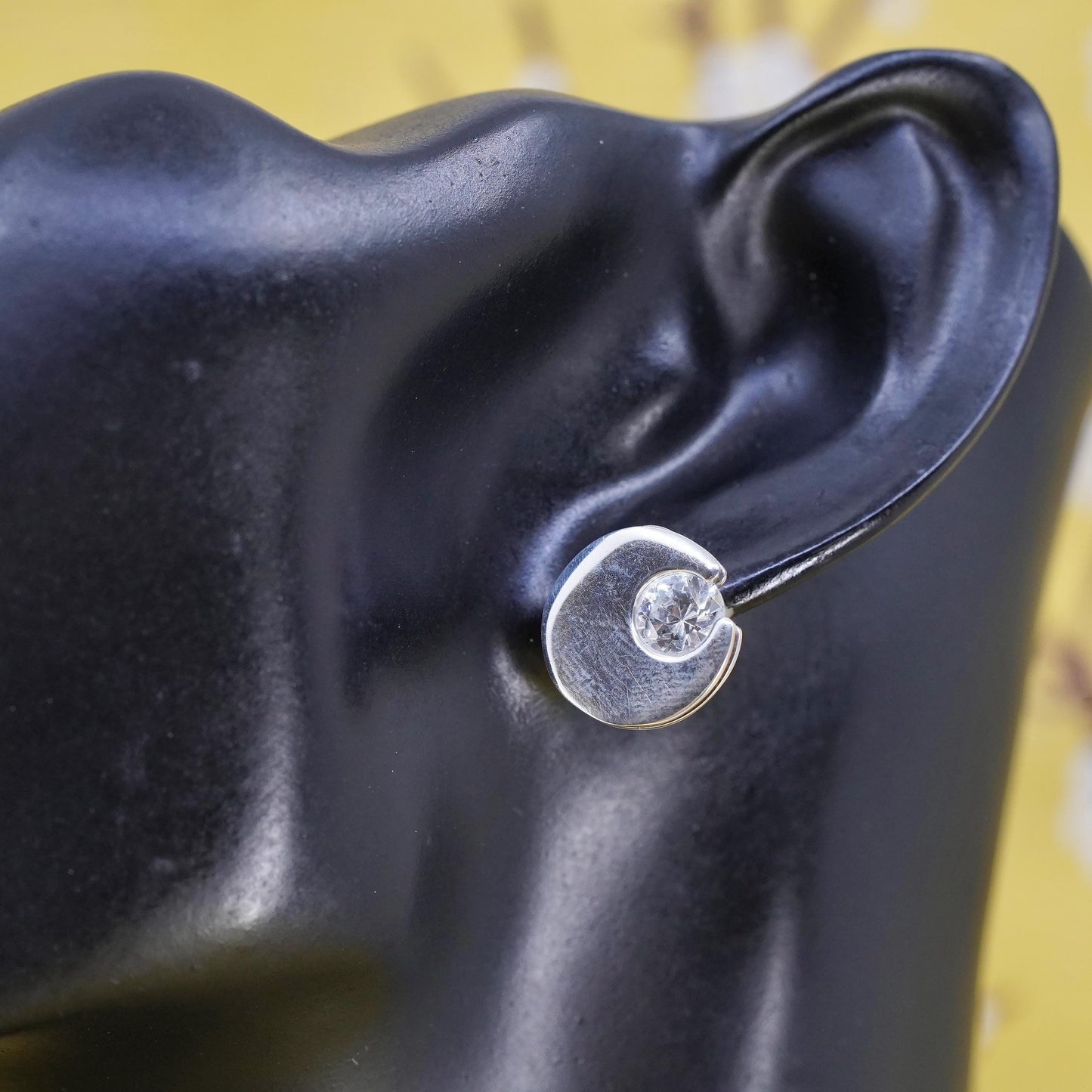 vintage Sterling silver handmade studs, circle moon earrings cz