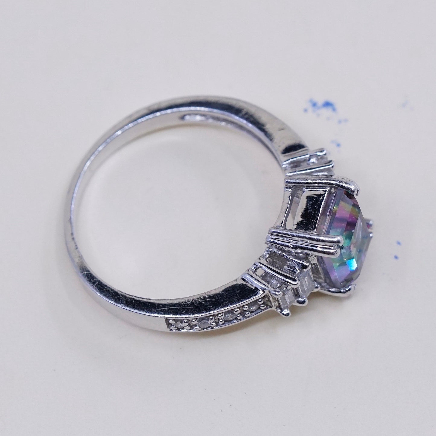 Size 7, vintage Sterling 925 silver handmade ring with rainbow topaz and Cz