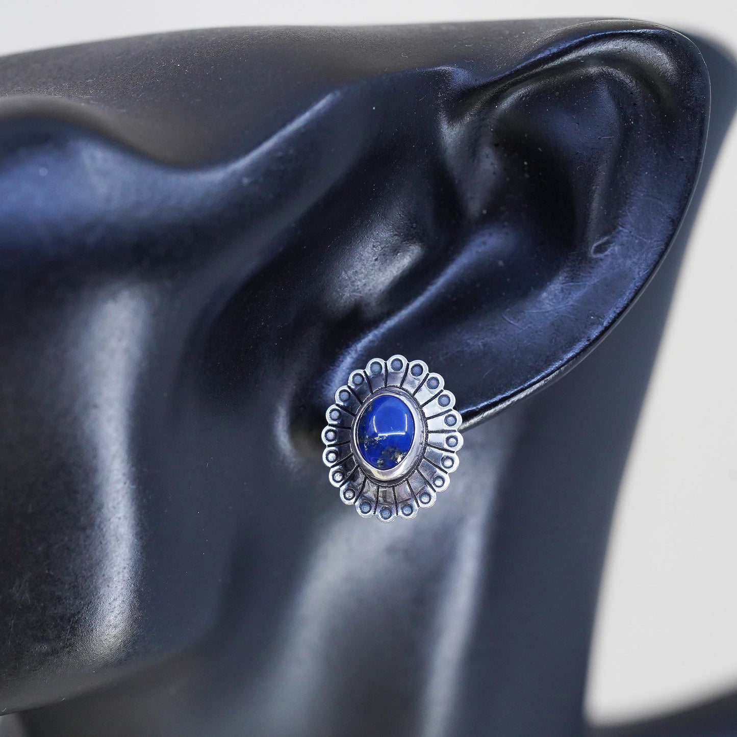 Vintage southwestern Sterling silver earrings, 925 oval studs with lapis lazuli