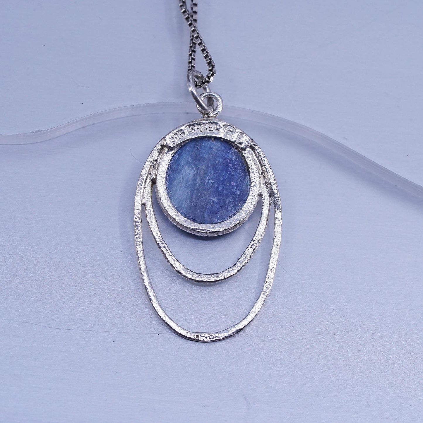 20”, vintage Israel RL Sterling 925 silver box necklace blue crystal pendant