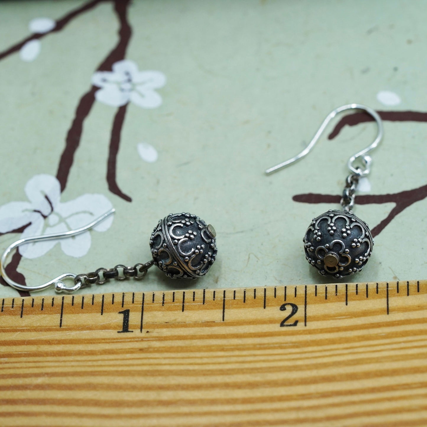 Vintage Sterling silver handmade Bali earrings, 925 swirl patterned bead