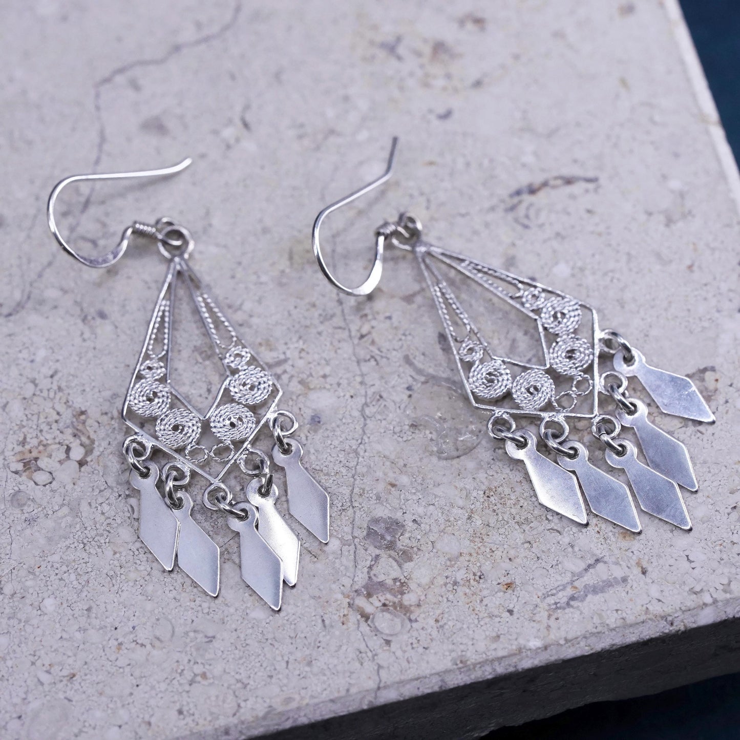 Vintage sterling silver handmade earrings, 925 filigree teardrop dangles