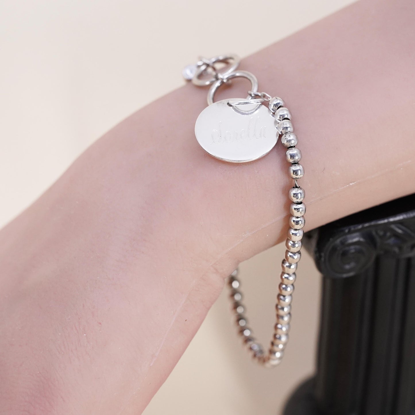 7.25+1”, Vintage Sterling silver bracelet, 925 bead chain name tag “Dovella”