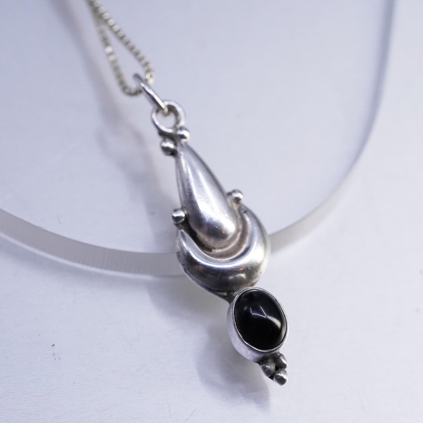 18", vintage Sterling 925 silver handmade box chain necklace black Onyx pendant