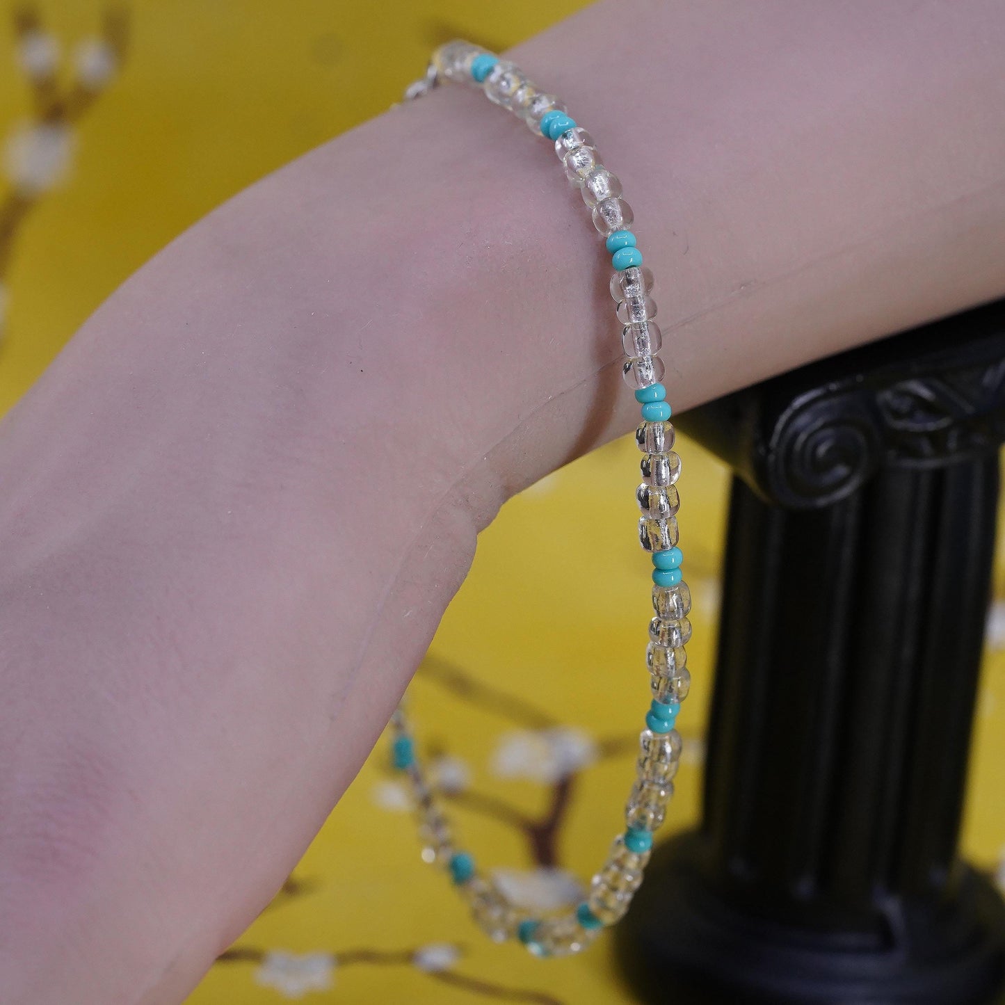 10.5", vintage Sterling silver anklet, 925 bracelet w/ turquoise crystal beads