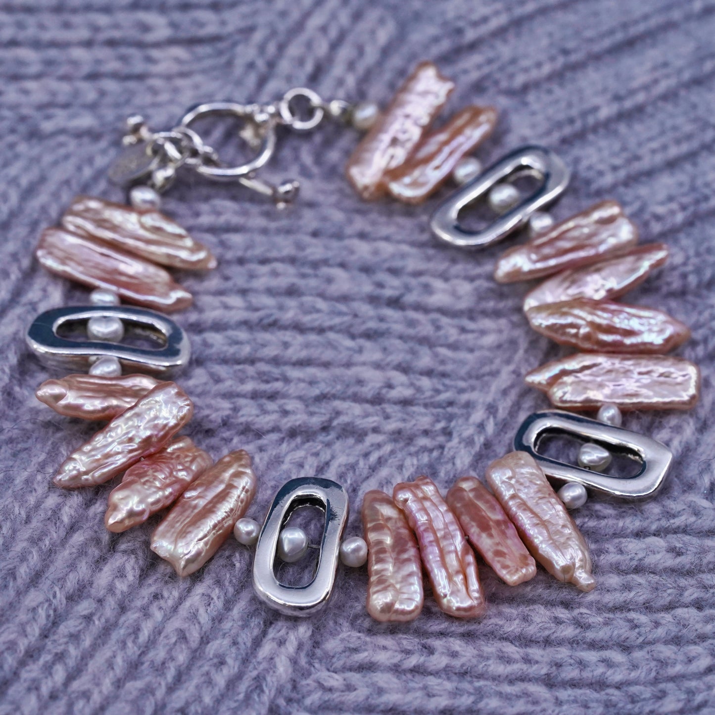 7.25", Sterling 925 silver handmade bracelet with baroque orange pearl beads