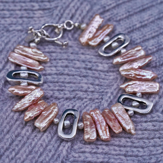 7.25", Sterling 925 silver handmade bracelet with baroque orange pearl beads