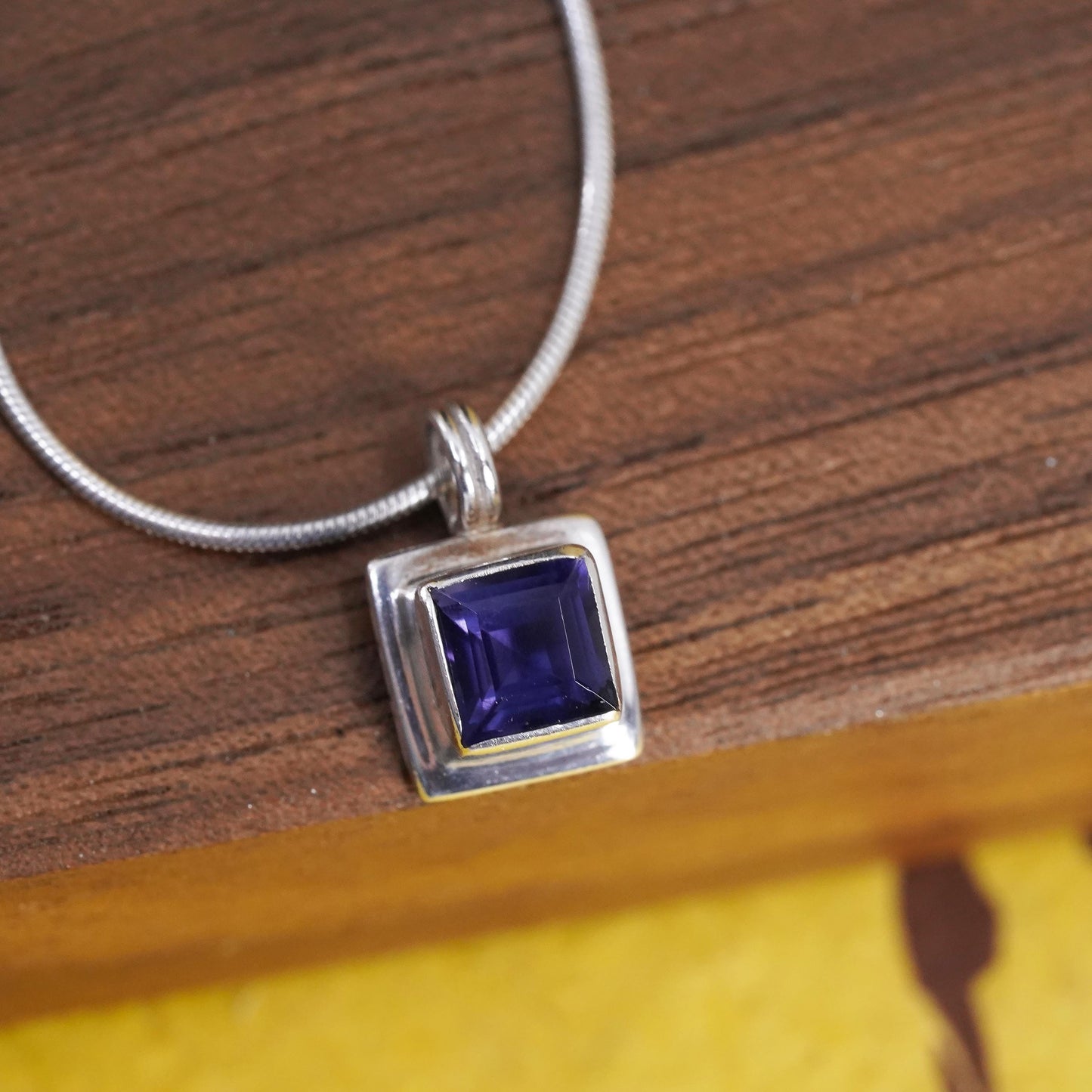 16", vintage sterling silver necklace, 925 snake chain square amethyst pendant
